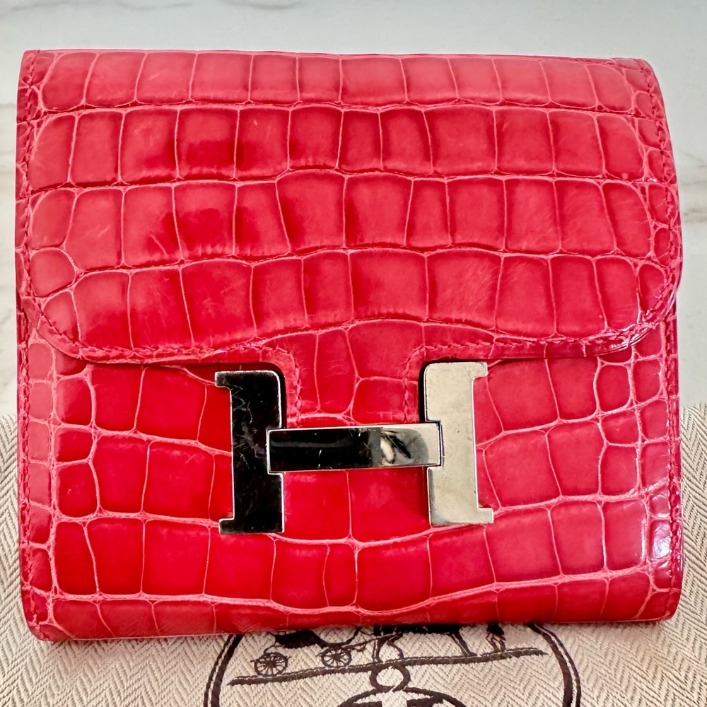 Hermes Shiny Alligator Constance  Wallet Geranium Dustbag